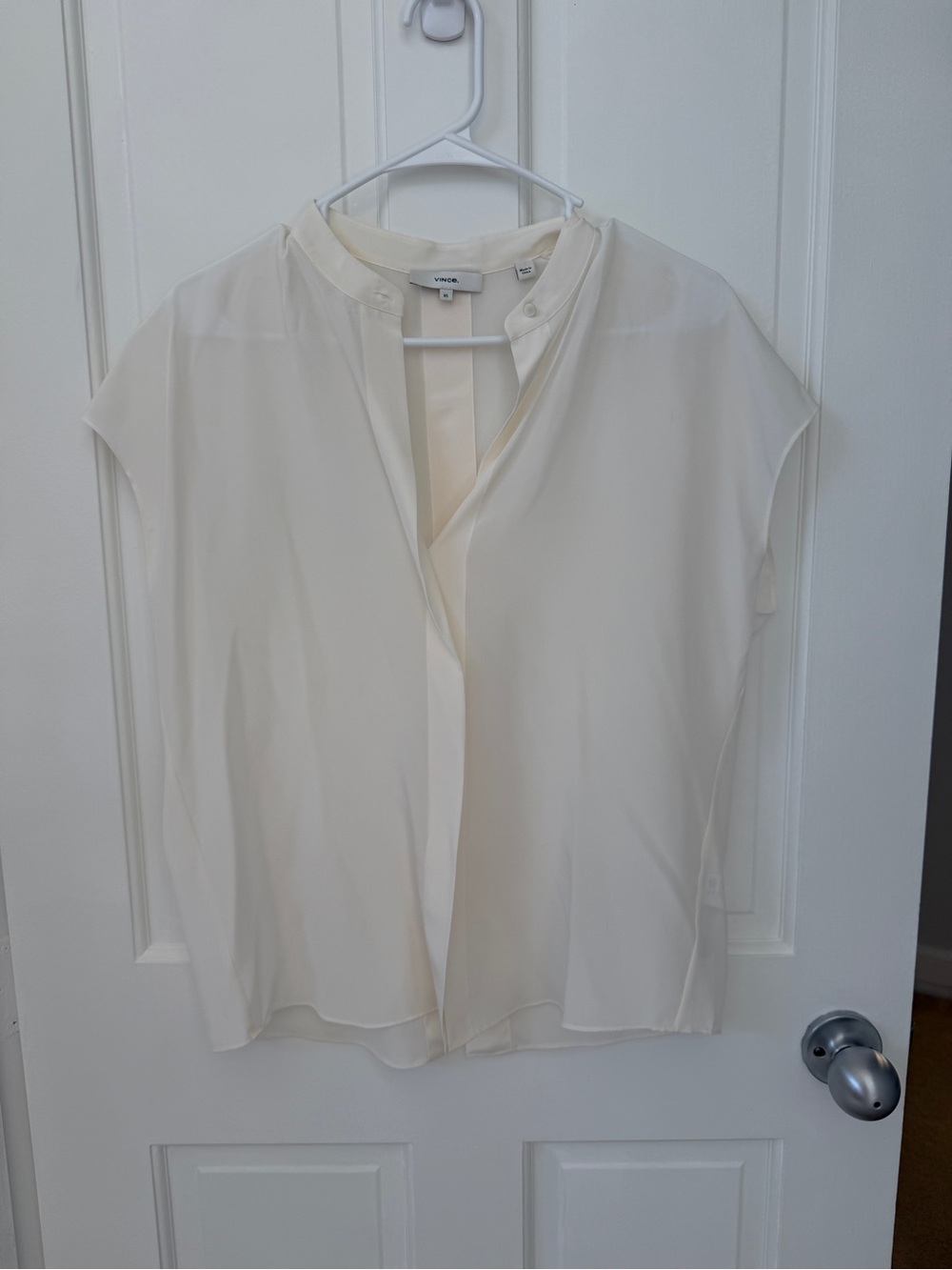 Vince Cream Silk Split‑Neck Cap‑Sleeve Blouse